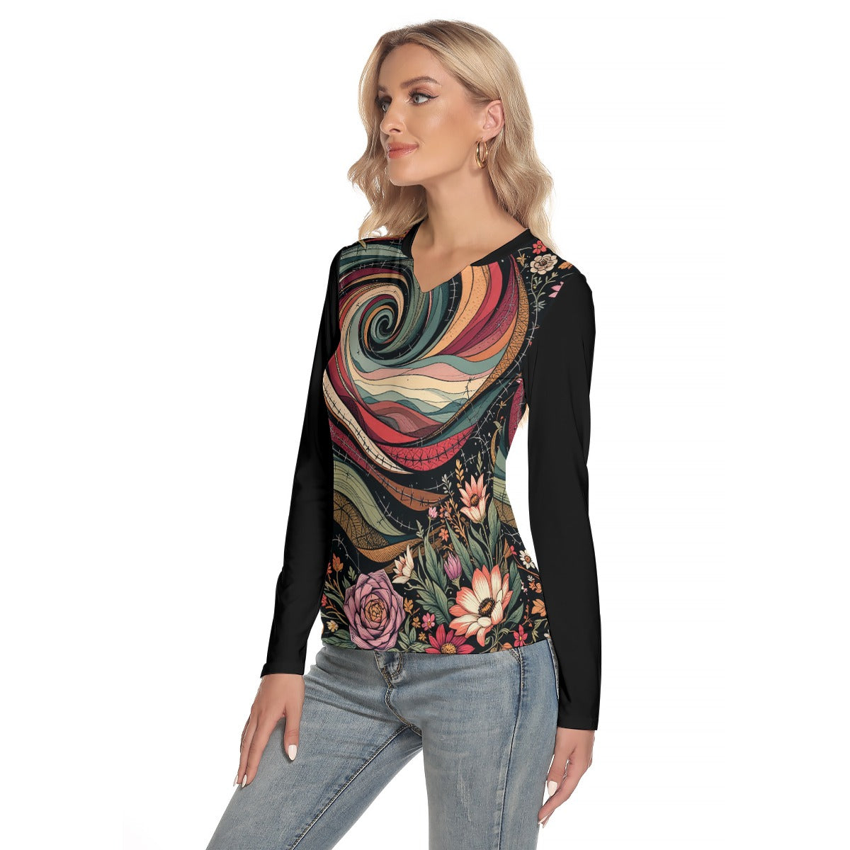 All-Over Print Women's V-Neck Long Sleeves T-Shirt