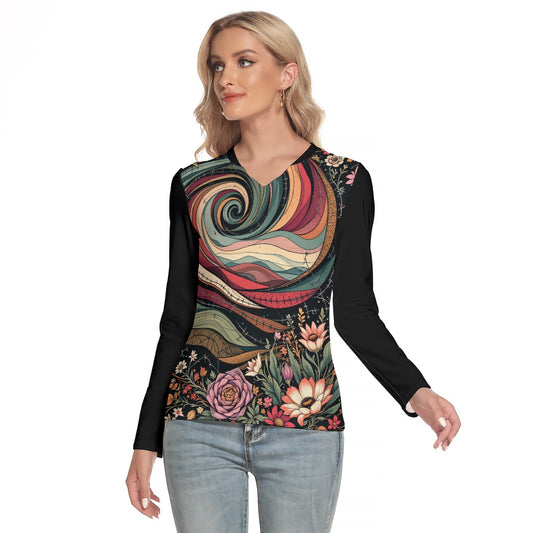 All-Over Print Women's V-Neck Long Sleeves T-Shirt