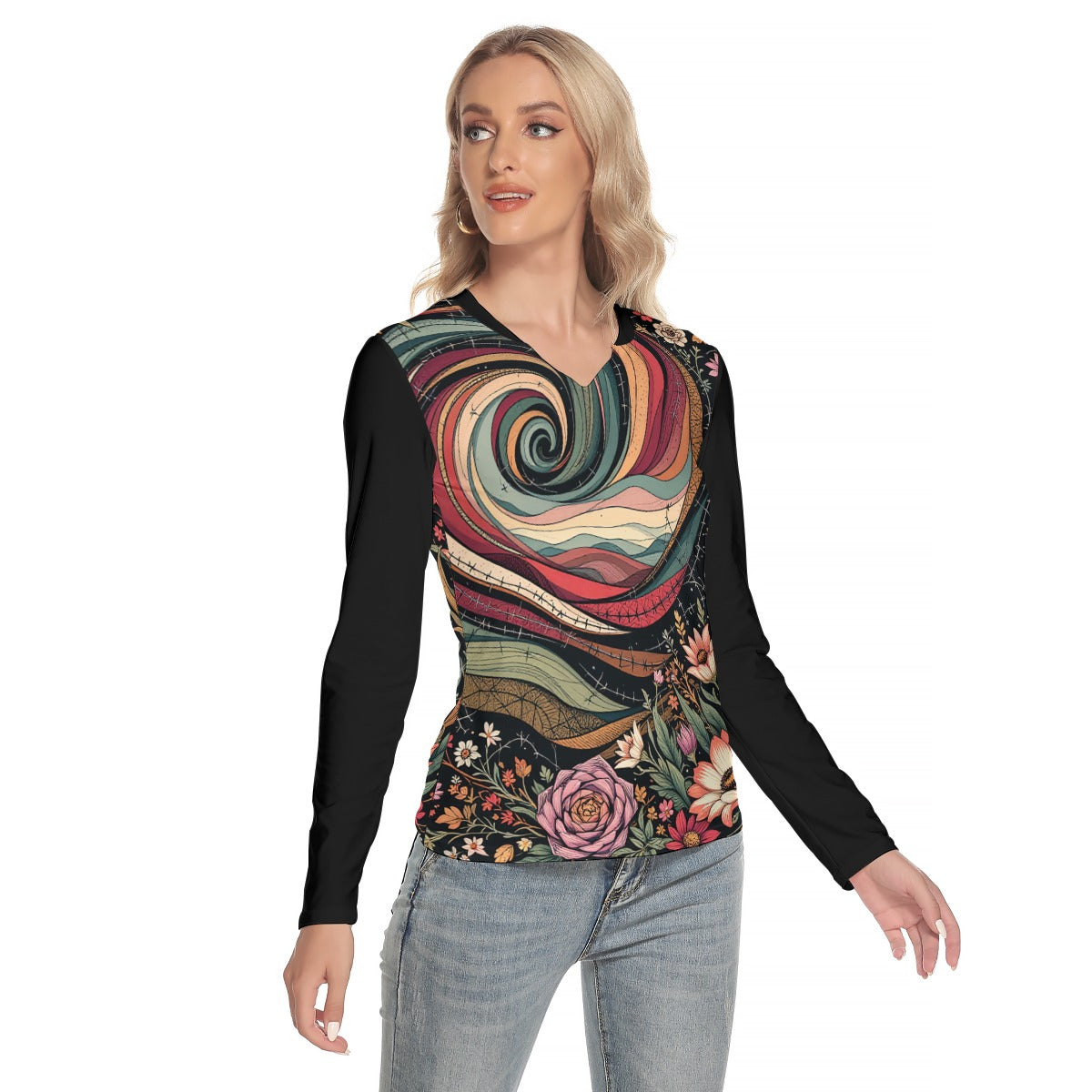 All-Over Print Women's V-Neck Long Sleeves T-Shirt
